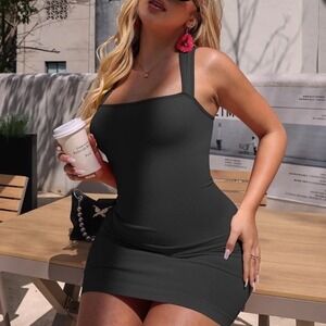 OQQ Black Ribbed Sleeveless Bodycon Mini Date Dress Stretch Compression Fitted M